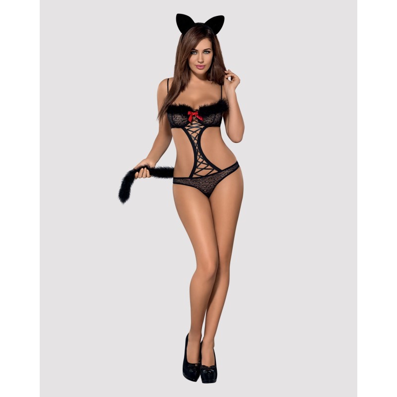 Эротический костюм гепарда Obsessive Gepardina 3 pcs costume S/M, черный, меховая отделка, монокини,