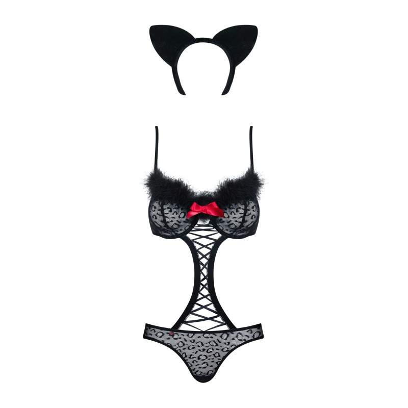 Еротичний костюм гепарду Obsessive Gepardina 3 pcs costume L/XL, чорний, хутряне оздоблення, монокін