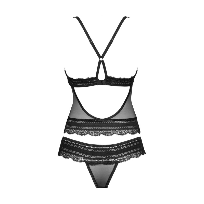 Напівпрозорий набір з прикрасами Obsessive Ivannes top & thong S/M, чорний, топ та танга