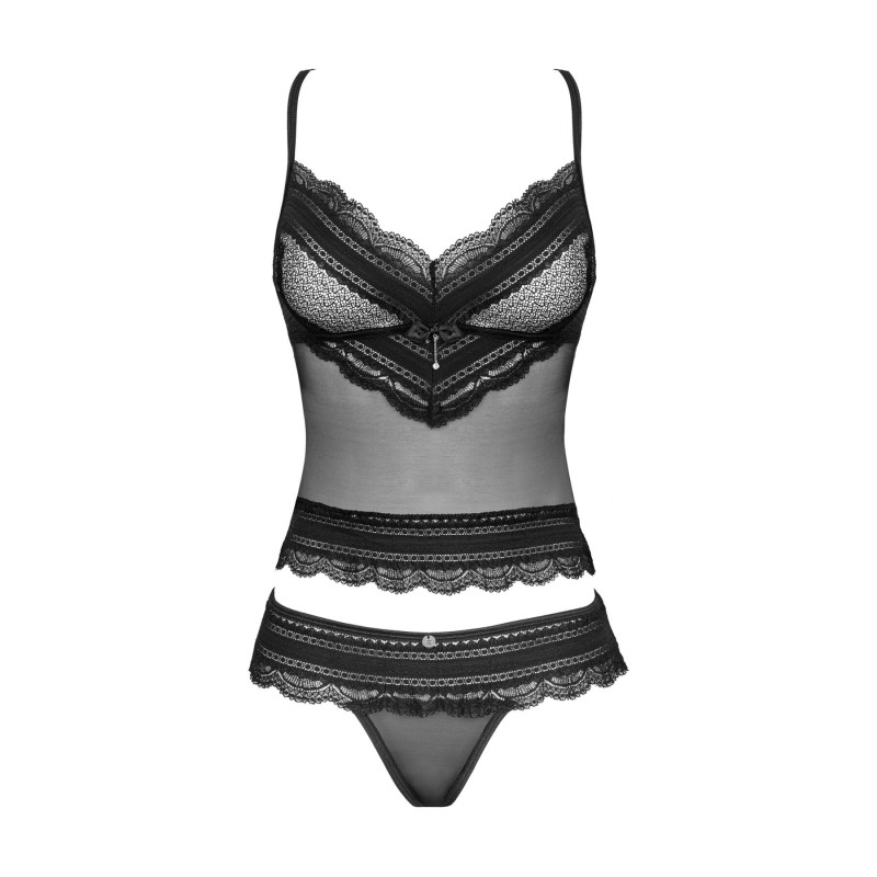 Полупрозрачный набор с украшениями Obsessive Ivannes top & thong 2XL/3XL, черный, топ и танга
