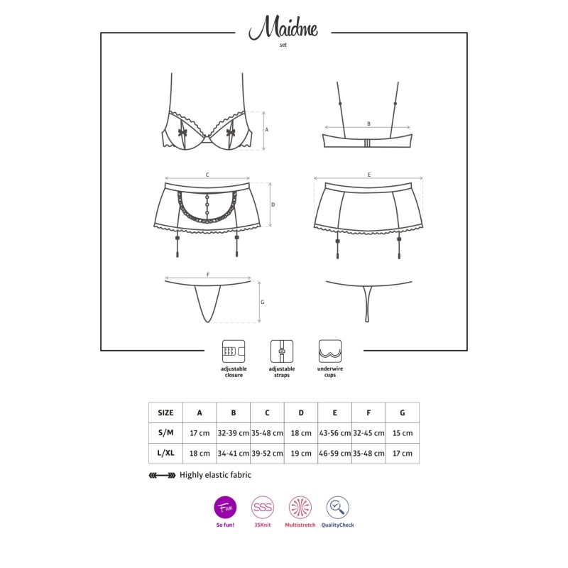 Еротичний костюм покоївки Obsessive Maidme set 5pcs S/M, бюстгальтер, пояс з фартухом, панчохи