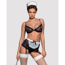 Еротичний костюм покоївки Obsessive Maidme set 5pcs S/M, бюстгальтер, пояс з фартухом, панчохи