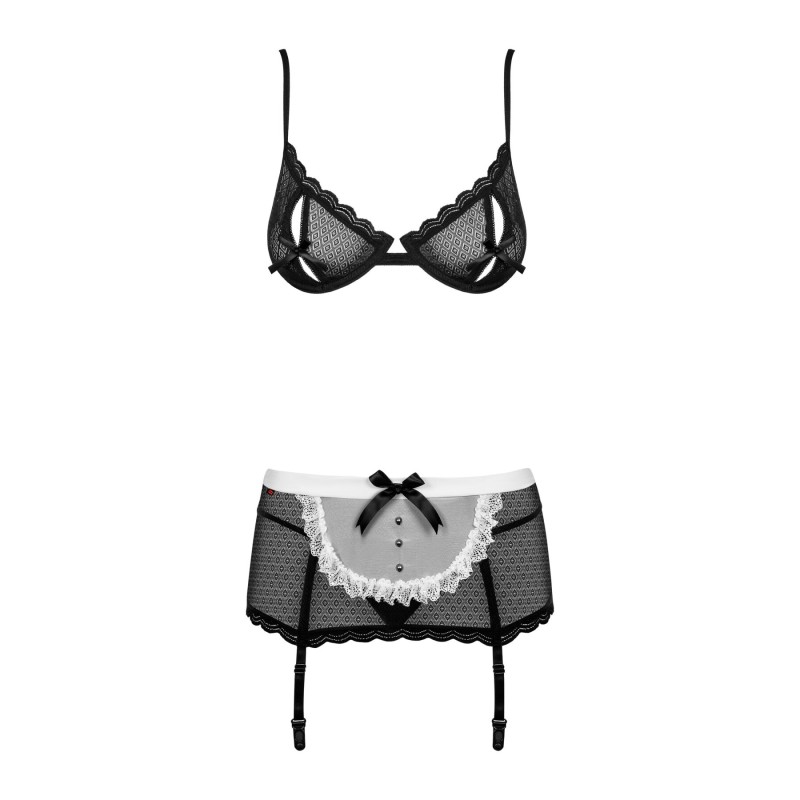 Еротичний костюм покоївки Obsessive Maidme set 5pcs S/M, бюстгальтер, пояс з фартухом, панчохи
