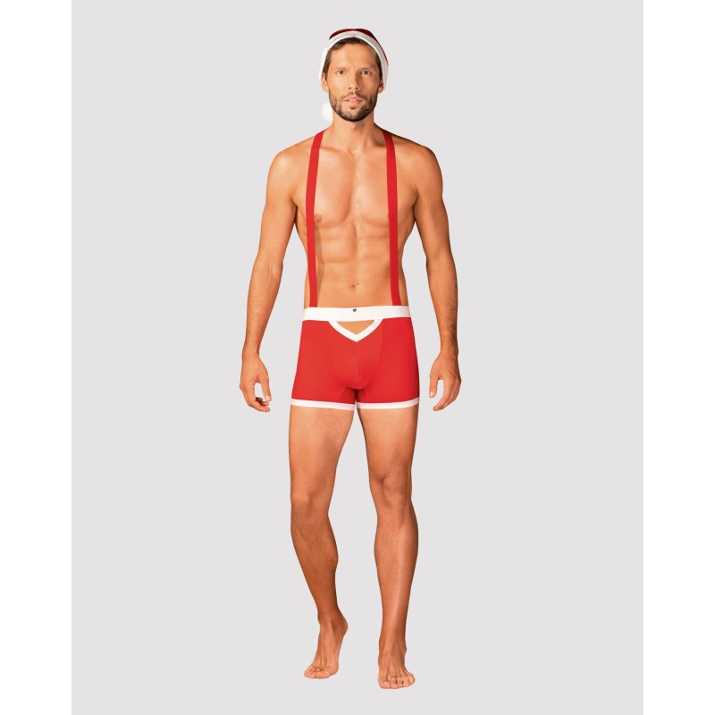 Чоловічий еротичний костюм Санта-Клауса Obsessive Mr Claus 2XL/3XL, боксери на підтяжках, шапочка з