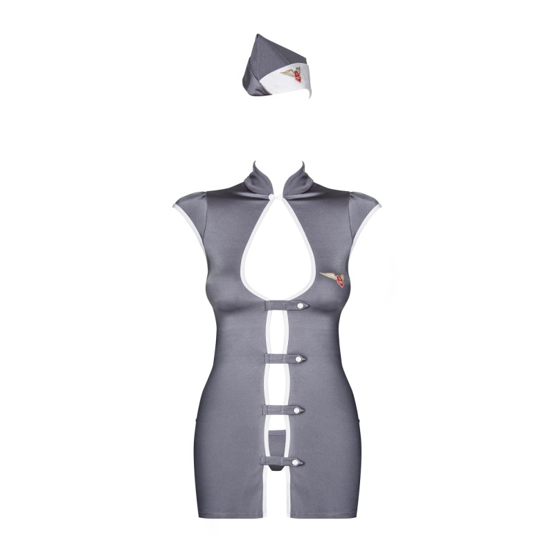 Еротичний костюм стюардеси Obsessive Stewardess 3 pcs grey S/M, сірий, сукня, стрінги, пілотка