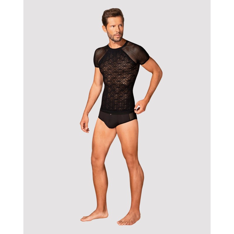 Чоловіча напівпрозора футболка з орнаментом Obsessive T102 T-shirt S/M/L, чорна