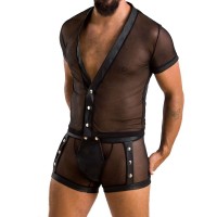 Комплект сетчатого мужского белья Passion 052 SET MICHAEL XXL/XXXL black, рубашка, боксеры, заклепки