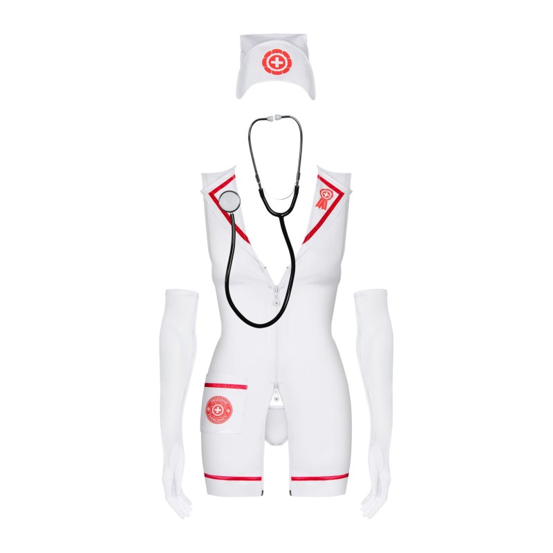 Еротичний костюм медсестри Obsessive Emergency dress S/M, white, сукня, стринги, рукавички, чепчик, стетоскоп