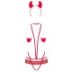 Еротичний костюм чортика зі стреп Obsessive Evilia teddy red S/M, боді, чокер, накладки на соски, обруч з ріжками