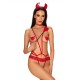 Еротичний костюм чортика зі стреп Obsessive Evilia teddy red S/M, боді, чокер, накладки на соски, обруч з ріжками