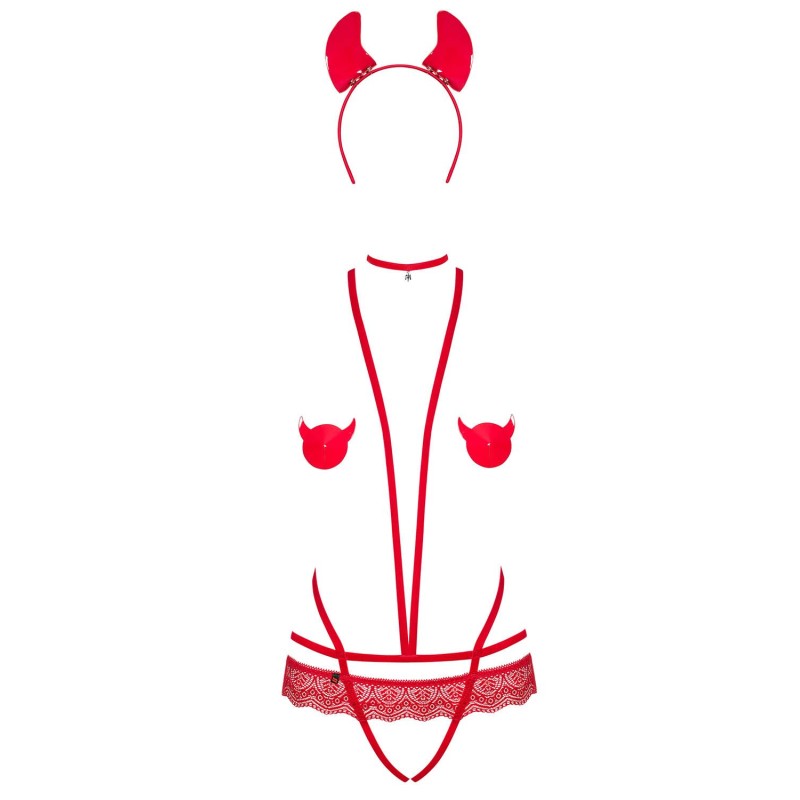 Еротичний костюм чортика зі стреп Obsessive Evilia teddy red L/XL