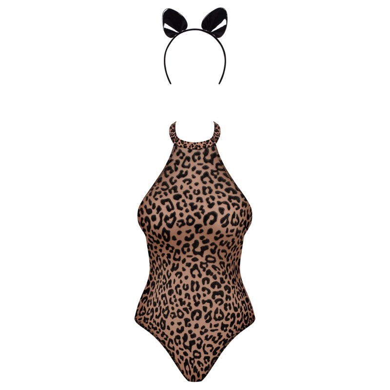 Еротичний костюм леопарда Obsessive Leocatia teddy L/XL, боді, обруч з вушками