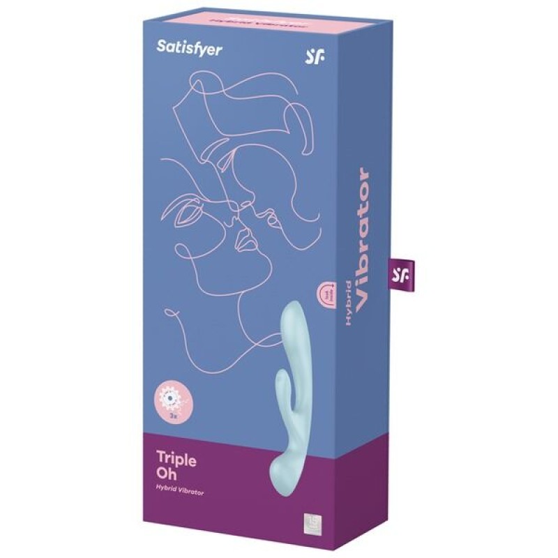 Двосторонній вібратор-кролик Satisfyer Triple Oh Light Blue, 3 мотори, руків’я-масажер