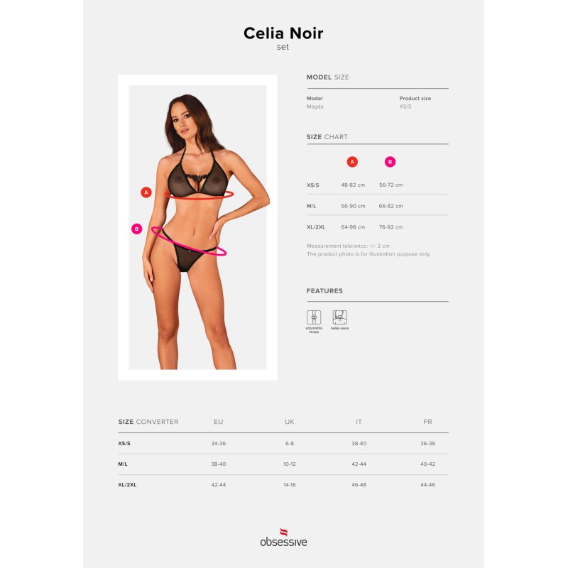 Полупрозрачный комплект Obsessive Celia Noir 2-pcs set XL/2XL, бюстгальтер, стринги