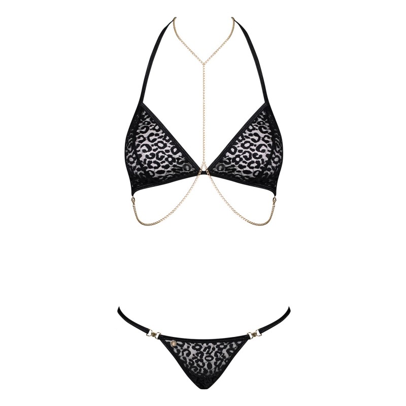 Комплект із ланцюжками Obsessive Pantheria 2-pcs set black S/M, бюстгальтер, трусики