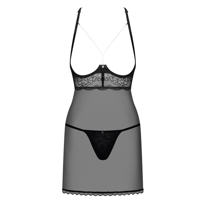 Прозора сорочка з відкритими грудьми Obsessive Pearlove chemise & thong black S/M, трусики