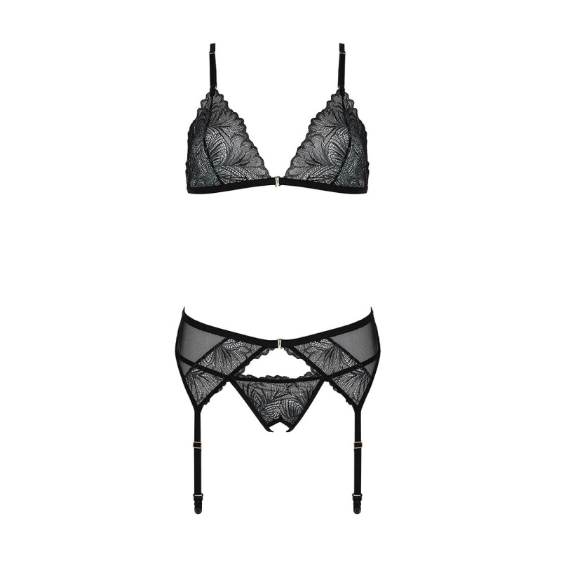 Комплект с открытым доступом Passion DELIENA SET L/XL black, лиф, стринги, пояс для чулок