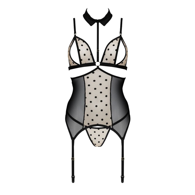 Корсет з відкритими грудьми Passion DOMINICA CORSET L/XL beige, пажі для панчіх, стрінги