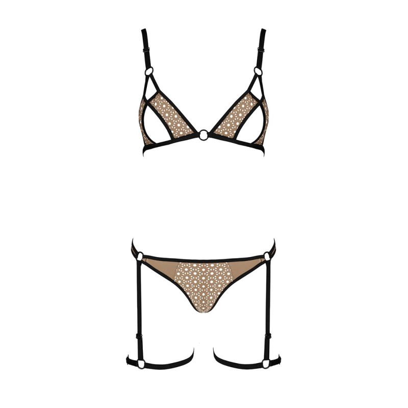 Еротичний комплект спідньої білизни Passion GABI SET L/XL beige, трусики з гартерами