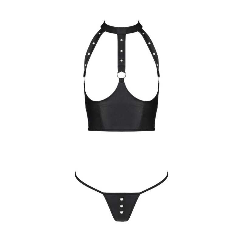 Комплект білизни з відкритими грудьми Passion GENEVIA SET WITH OPEN BRA L/XL black, корсет, стрінги