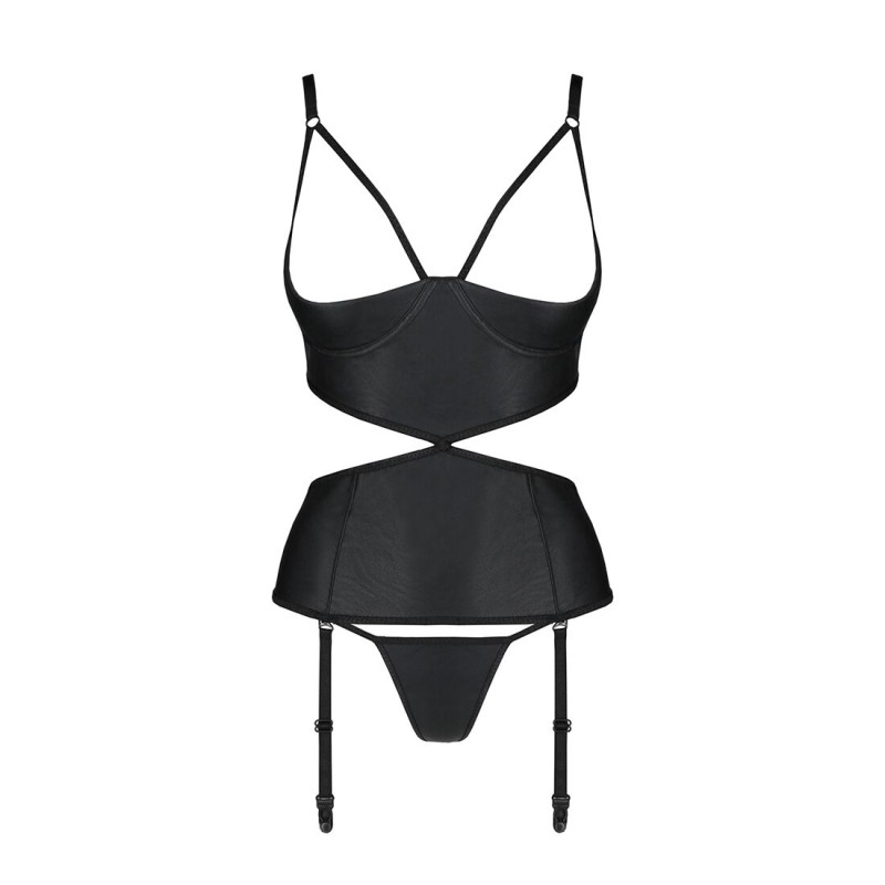 Корсет з відкритими грудьми Passion JANNIES CORSET XXL/XXXL black, стрінги в наборі