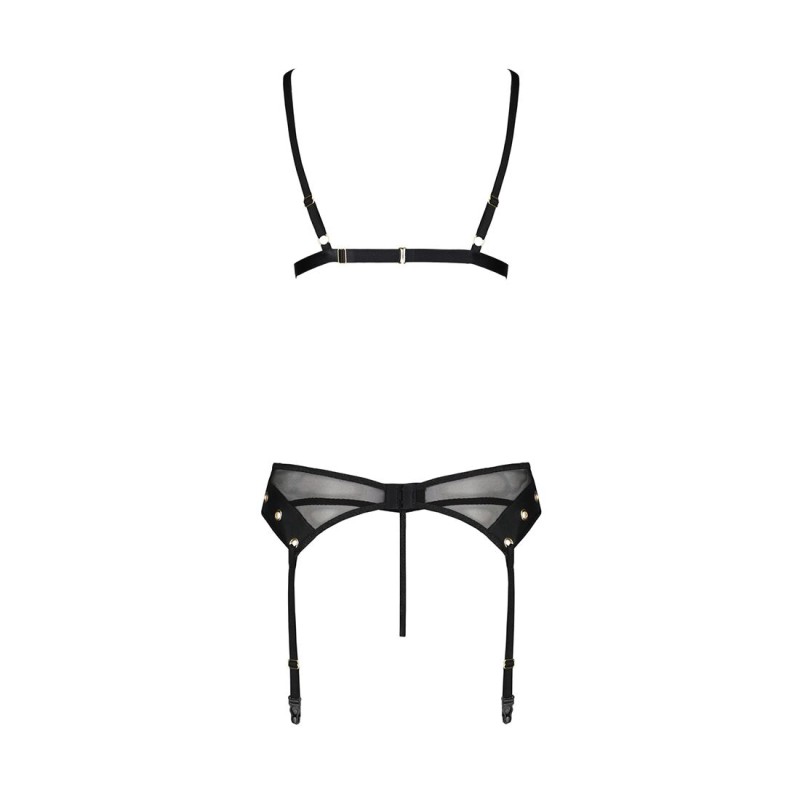 Комплект білизни Passion NESSY SET XXL/XXXL black, бюстгальтер, пояс для панчіх, стрінги