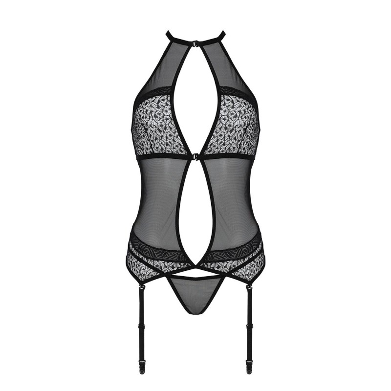 Корсет с пажами Passion SATARA CORSET S/M black, стринги, кружево, застежки спереди и сзади