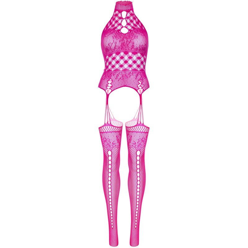 Мереживний бодістокінг з відкритим доступом Leg Avenue High neck lace bodystocking One size Raspberr