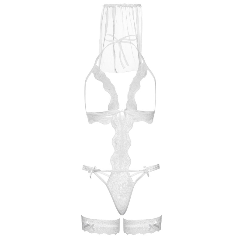 Костюм невесты Leg Avenue G-string teddy, veil & garter One size White, с открытой грудью