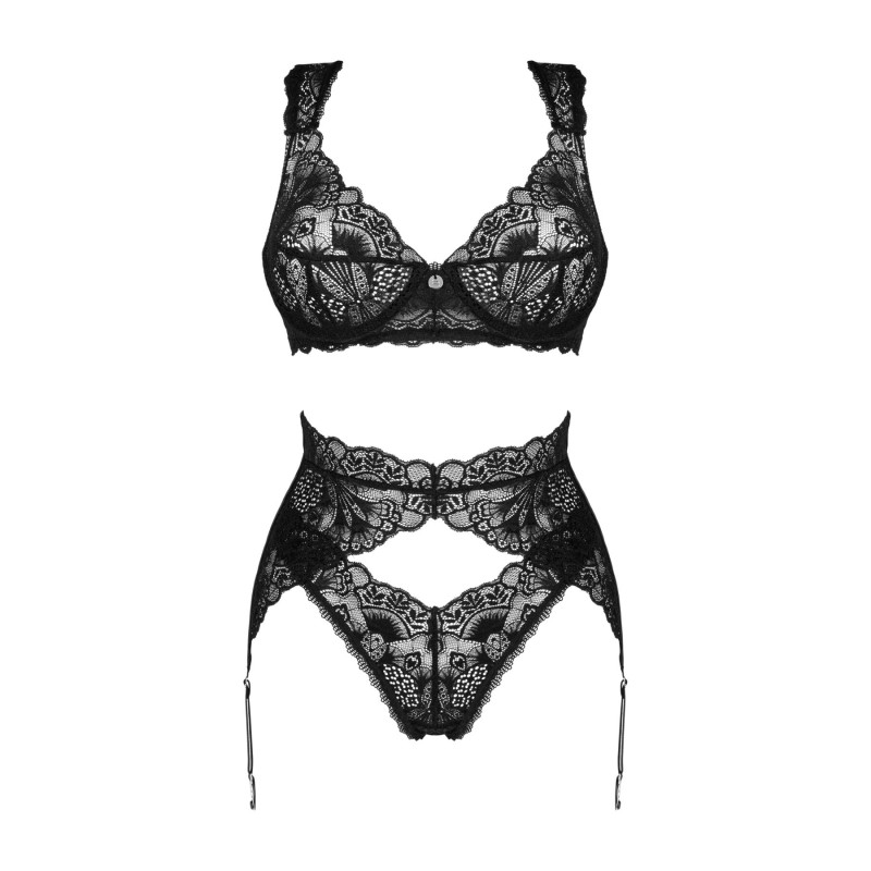 Комплект білизни Obsessive Donna Dream 3-pcs set XL/2XL Black, бюстгальтер, стрінги, пояс для панчіх