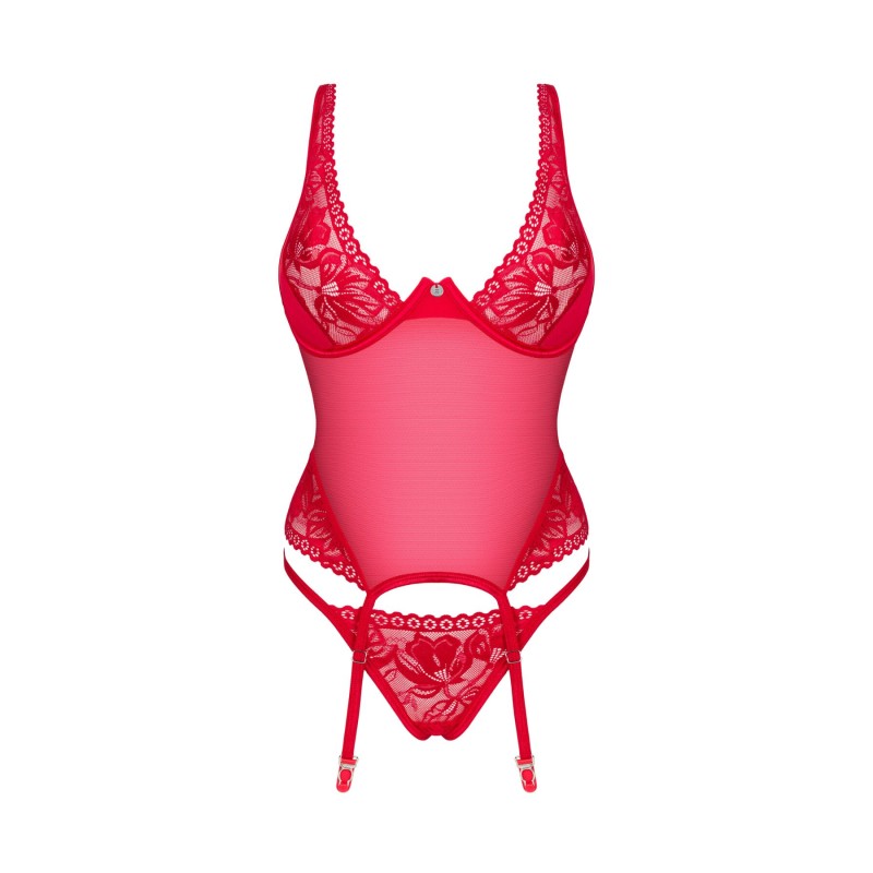 Прозорий корсет Obsessive Lacelove corset XL/2XL Red, мереживо, підв’язки для панчіх