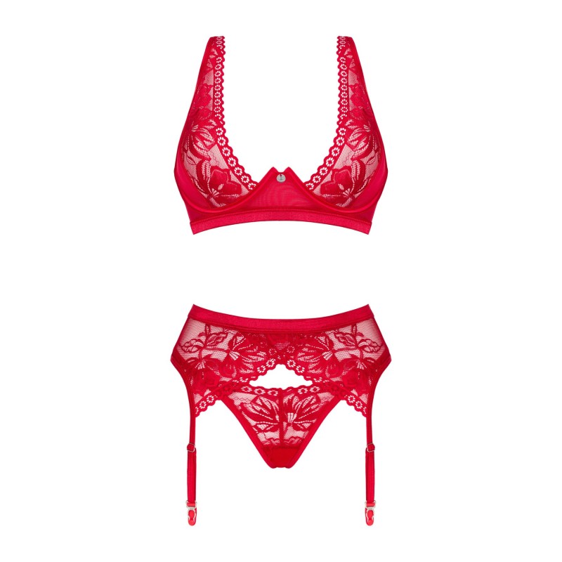 Комплект білизни Obsessive Lacelove cupless 3pcs set XS/S Red, бюстгальтер, стрінги, пояс для панчіх