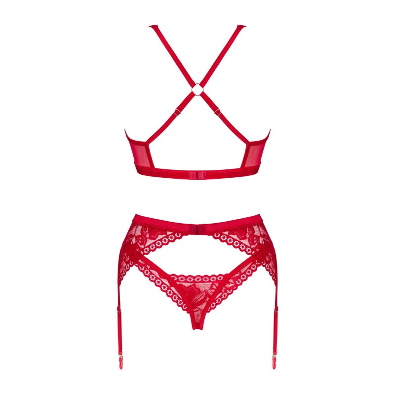 Комплект білизни Obsessive Lacelove cupless 3-pcs set XL/2XL Red, бюстгальтер, стрінги, пояс для панчіх