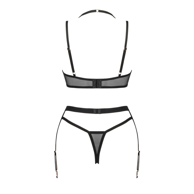 Комплект белья Obsessive Selinne 3-pcs set M/L Black, бюстгальтер, стринги пояс для чулок