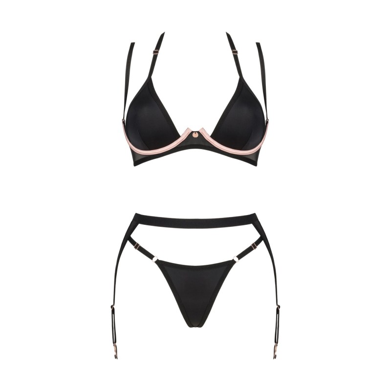 Комплект білизни Obsessive Selinne 3-pcs set XL/2XL Black, бюстгальтер, стрінги пояс для панчіх