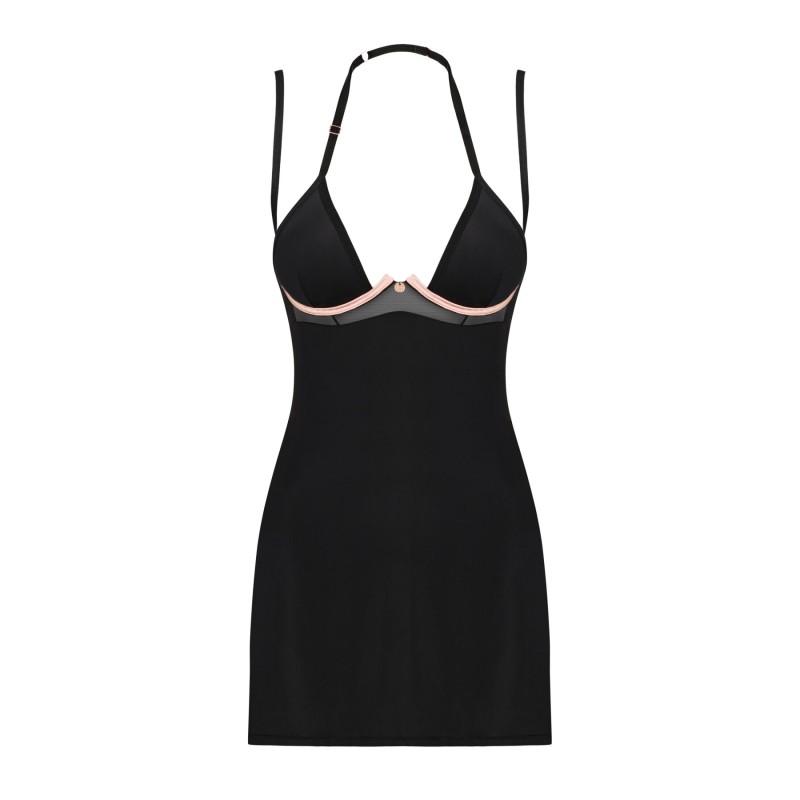 Сорочка Obsessive Selinne chemise & thong XS/S Black, стрінги, подвійні бретелі