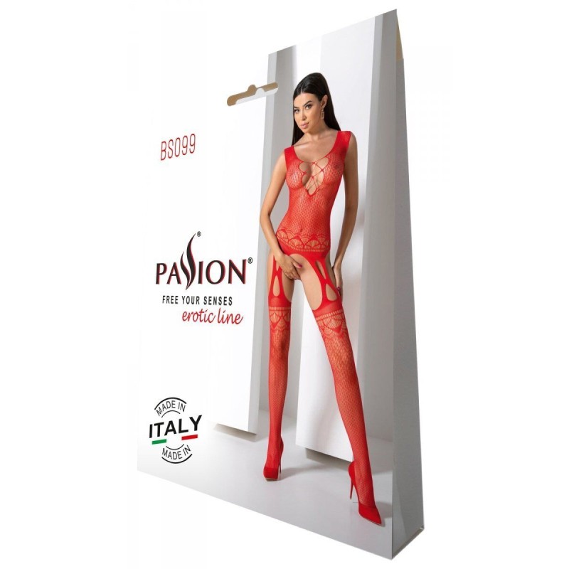 Бодістокінг з плетінням на грудях Passion BS099 One Size, red, відкритий доступ, імітація підв’язок