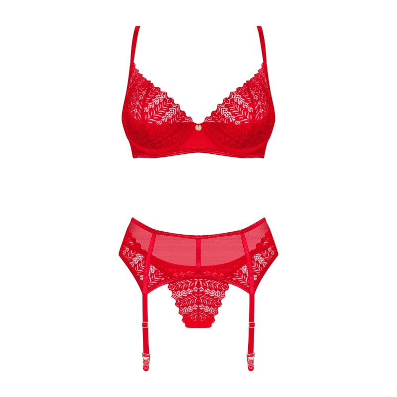 Комплект Obsessive Ingridia 3-pcs set XL/2XL, червоний, бюстгальтер, стрінги, пояс