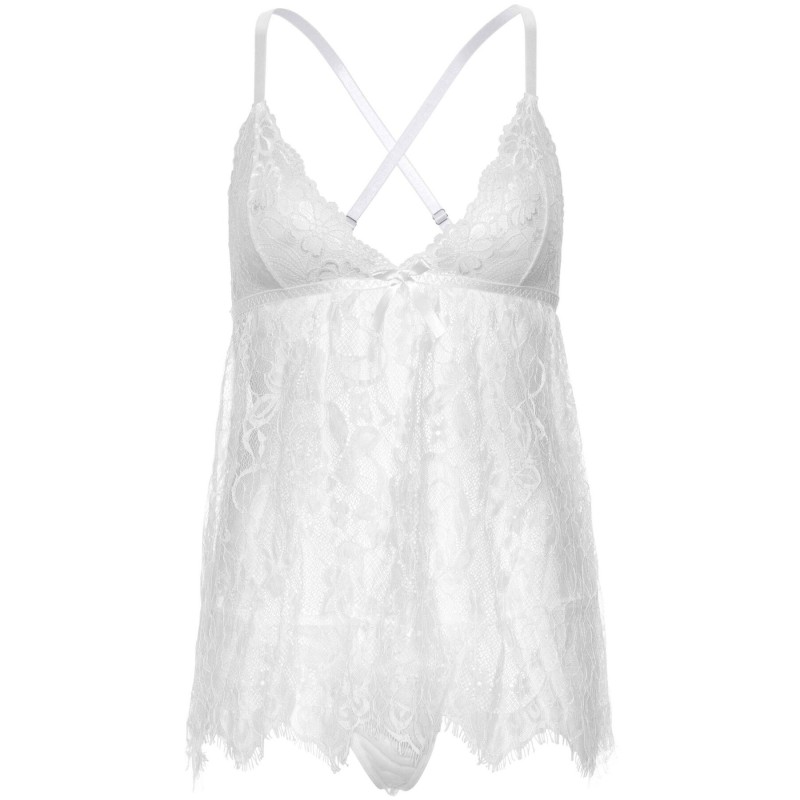 Сорочка бебі-дол Leg Avenue Floral lace babydoll & string White S, стрінги