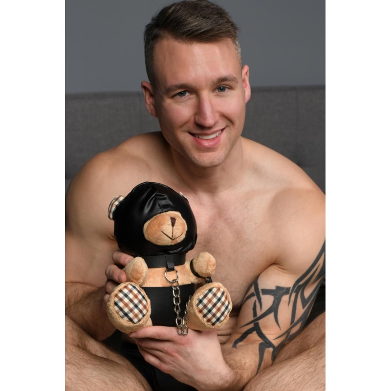 Плюшевий ведмедик HOODED Teddy Bear БДСМ у шкіряному капюшоні з повідцем, 23x16x12 см