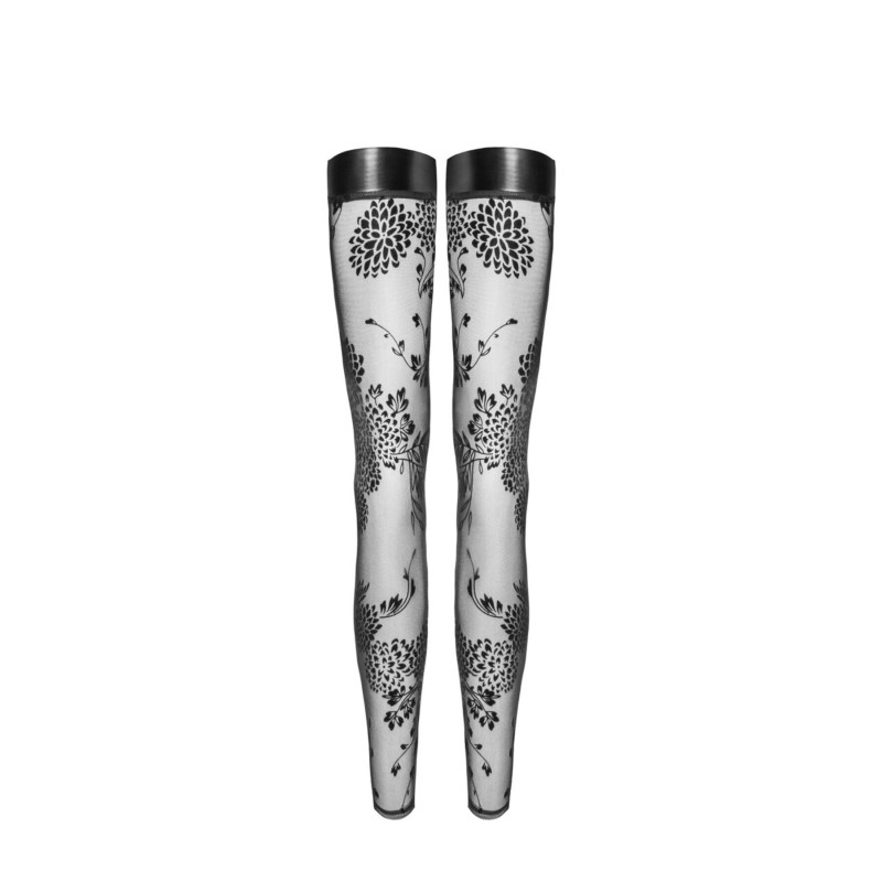 Панчохи без миска Noir Handmade F243 Tulle stockings with patterned flock embroidery, M