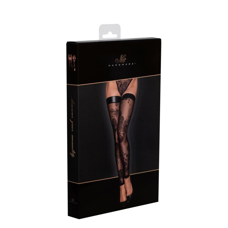 Панчохи без миска Noir Handmade F243 Tulle stockings with patterned flock embroidery, L