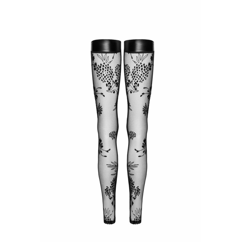 Панчохи без миска Noir Handmade F243 Tulle stockings with patterned flock embroidery, XL