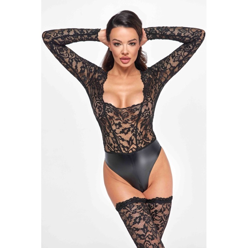 Боді Noir Handmade F296 Psyche, 3XL, мереживо, довгий рукав, низ під латекс, з доступом