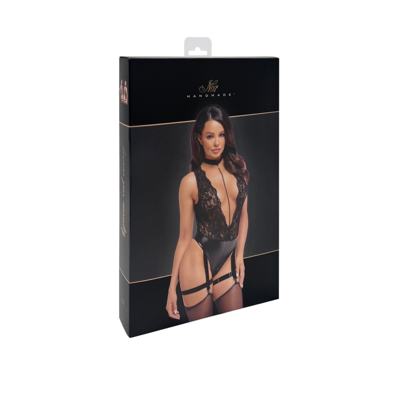 Боді Noir Handmade F297 Libido, XXL, чорне, мереживо, низ під латекс, відкритий доступ, гартери