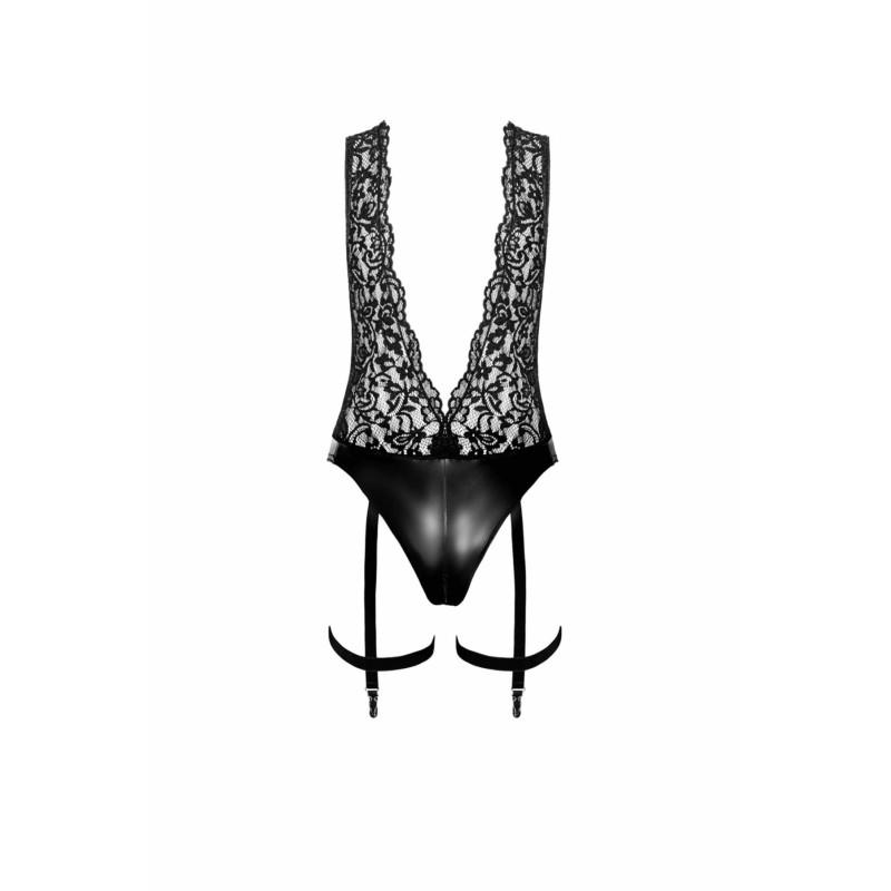 Боді Noir Handmade F297 Libido, XXL, чорне, мереживо, низ під латекс, відкритий доступ, гартери