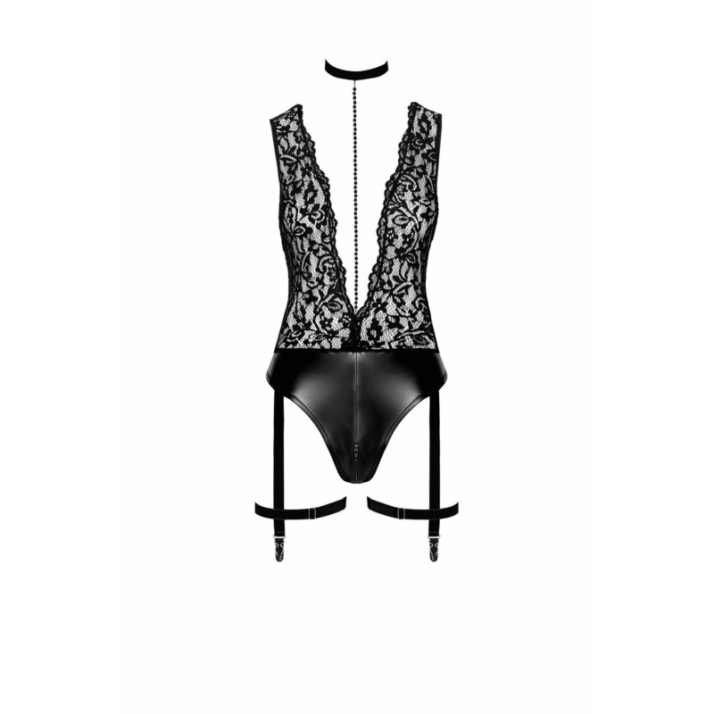 Боді Noir Handmade F297 Libido, XXL, чорне, мереживо, низ під латекс, відкритий доступ, гартери