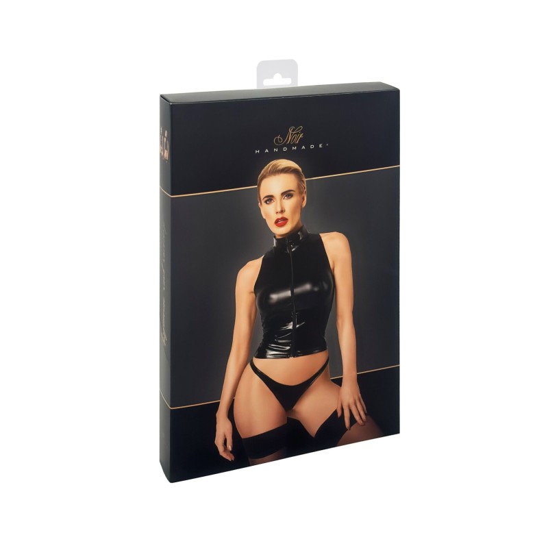 Топ Noir Handmade F324 Glam, S, black, халтер, на молнии, виниловые вставки, воротник-стойка
