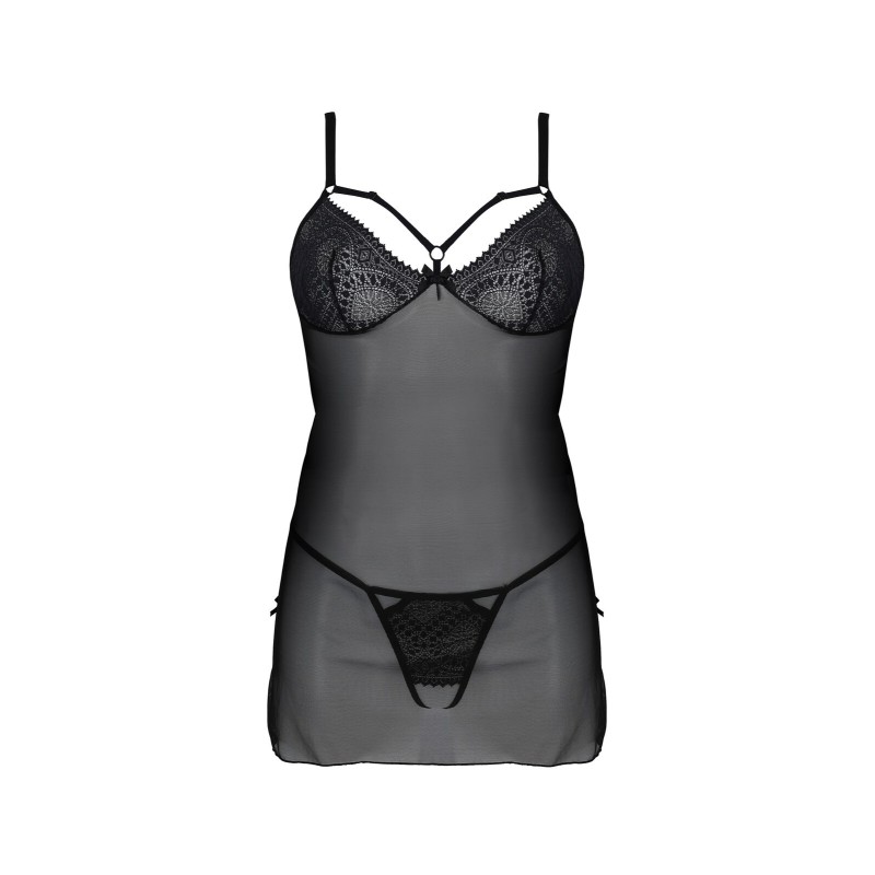 Пеньюар Passion DROSERA CHEMISE black, L/XL, мереживний ліф зі стрепами, трусики в комплекті