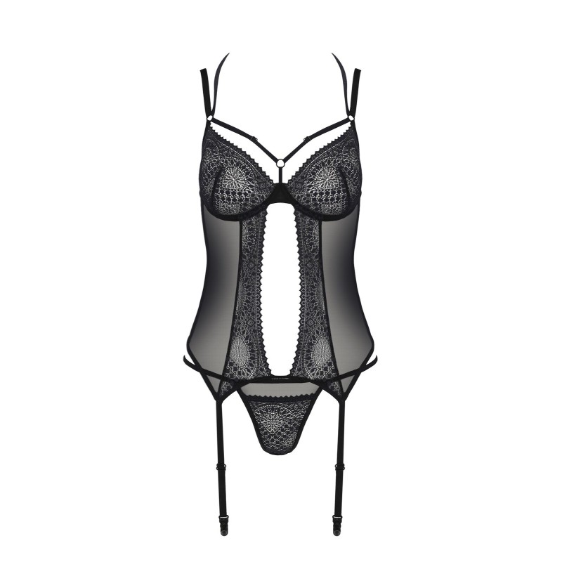 Корсет Passion DROSERA CORSET black, L/XL, з кріпленнями для панчіх, трусики в комплекті